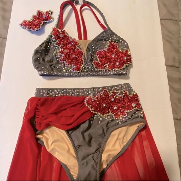 Glamour solo 2 piece dance costume red gray lyrical embellished bling XLC child - Picture 4 of 14